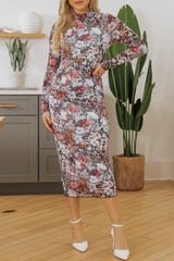 Brown Floral Allover Print Mock Neck Bodycon Long Sleeve Midi Dress Floral Dresses JT's Designer Fashion