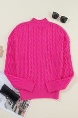Rose Red Solid Cable Knit High Neck Drop Shoulder Sweater Sweaters JT's Designer Fashion
