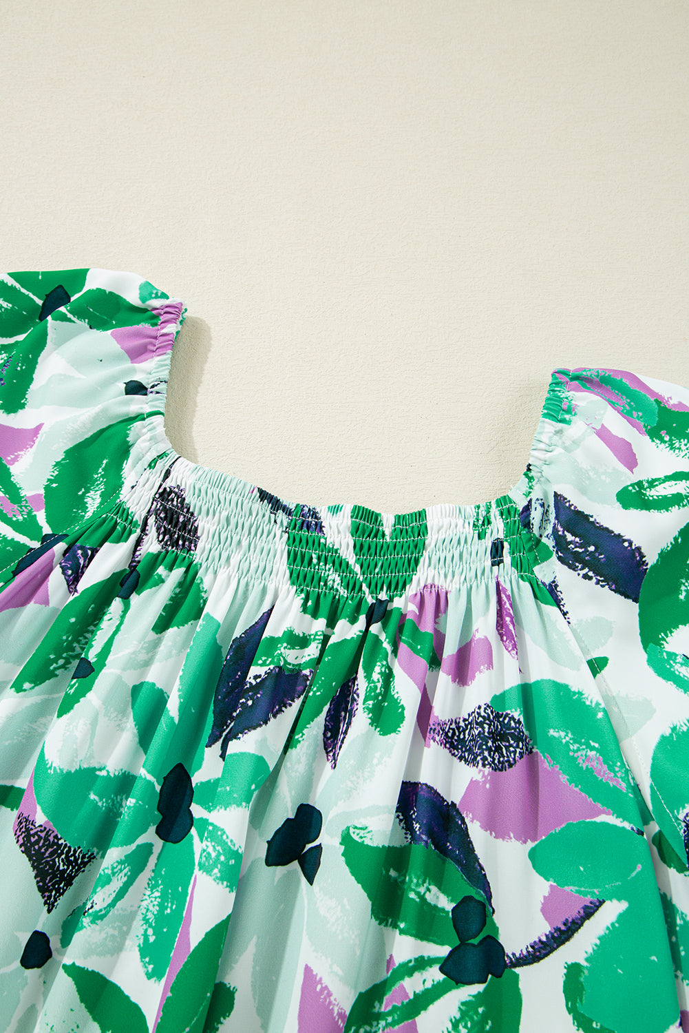 Green Floral Print Shirred Square Neck Loose Fit Mini Dress Floral Dresses JT's Designer Fashion