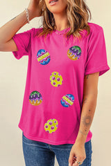 Rose Red Easter Eggs Patched Crew Neck Graphic Tee Graphic Tees JT's Designer Fashion