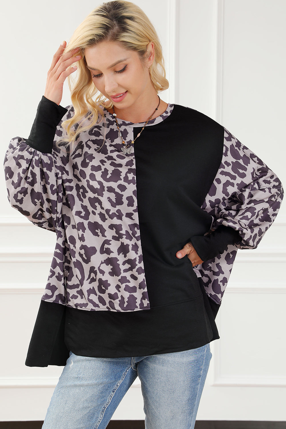 Black Leopard Patchwork Bishop Sleeve Slit Sweatshirt Sweatshirts & Hoodies JT's Designer Fashion