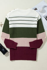 Green Color Block Striped Buttoned Shoulder Split Sweater Sweaters JT's Designer Fashion
