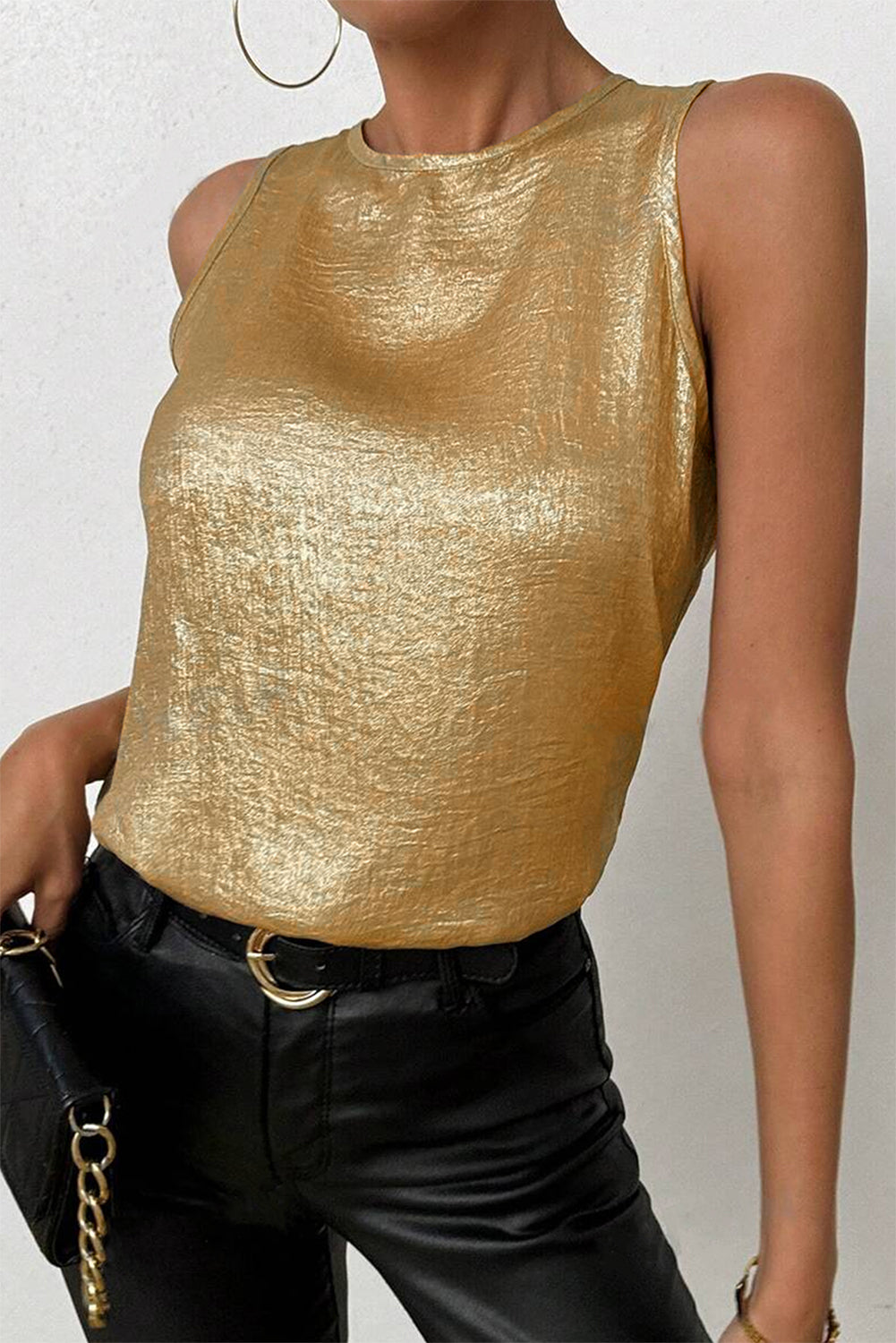 Gold Round Neck Metal Texture Casual Tank Top Blouses & Shirts JT's Designer Fashion