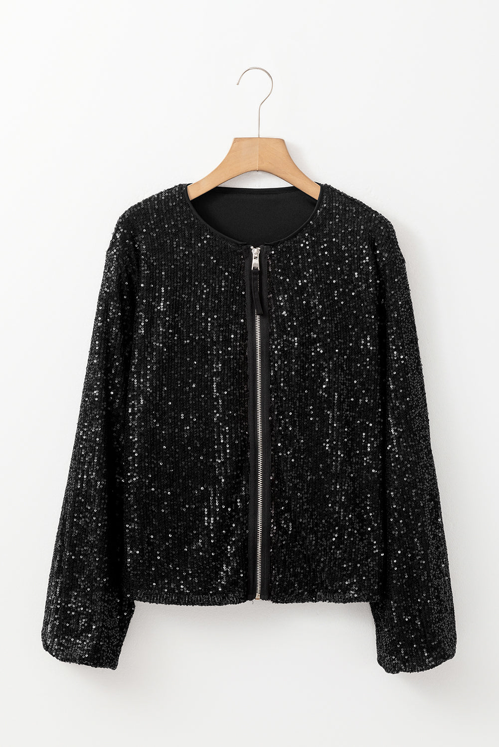 Black Sequin Zip up Round Neck Long Sleeve Jacket Jackets JT's Designer Fashion