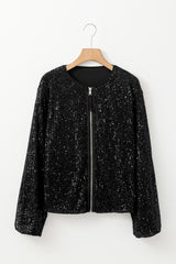 Black Sequin Zip up Round Neck Long Sleeve Jacket Jackets JT's Designer Fashion