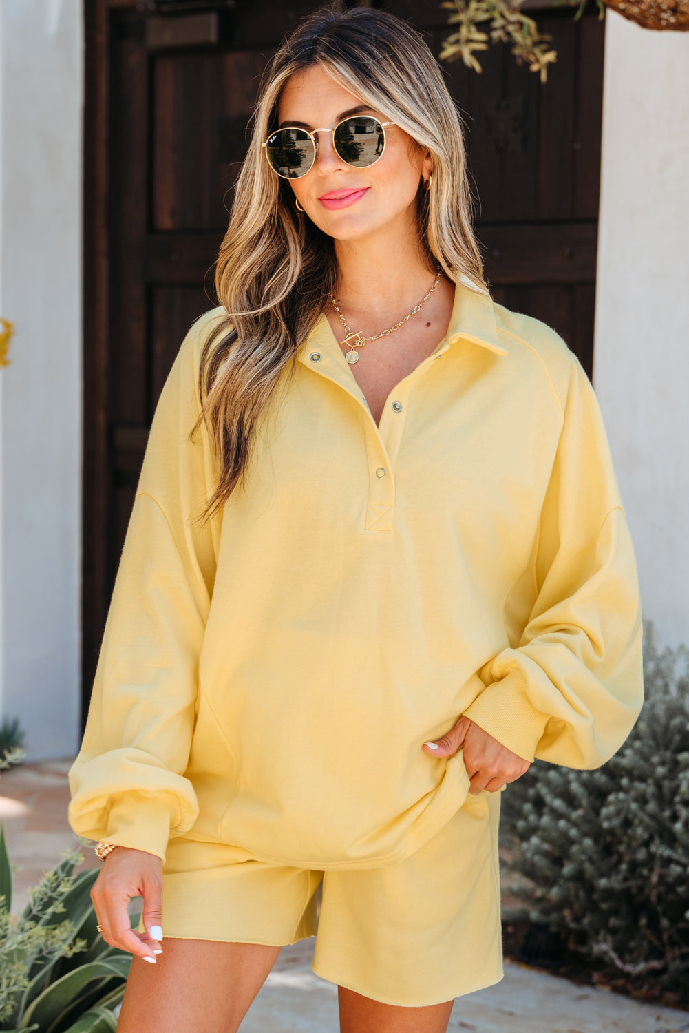 Yellow Cream Button Collar Drop Shoulder Pullover and Shorts 2pcs Outfit Short Sets JT's Designer Fashion