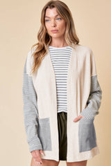 Black Stripe Colorblock Patchwork Open Front Cardigan with Pocket Cardigans JT's Designer Fashion