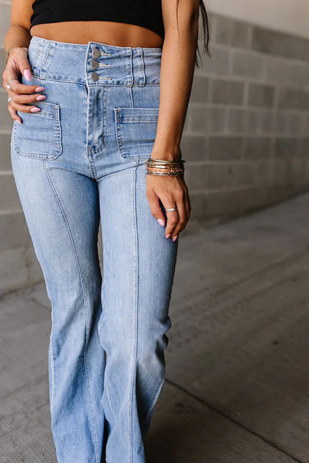 Light Blue High Rise Buttoned Patched Pocket Splicing Flare Jeans Bottoms JT's Designer Fashion