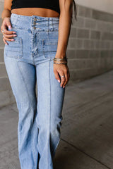 Light Blue High Rise Buttoned Patched Pocket Splicing Flare Jeans Bottoms JT's Designer Fashion