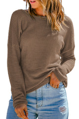 Dark Brown Waffle Knit Drop Shoulder Long Sleeve Top Long Sleeve Tops JT's Designer Fashion