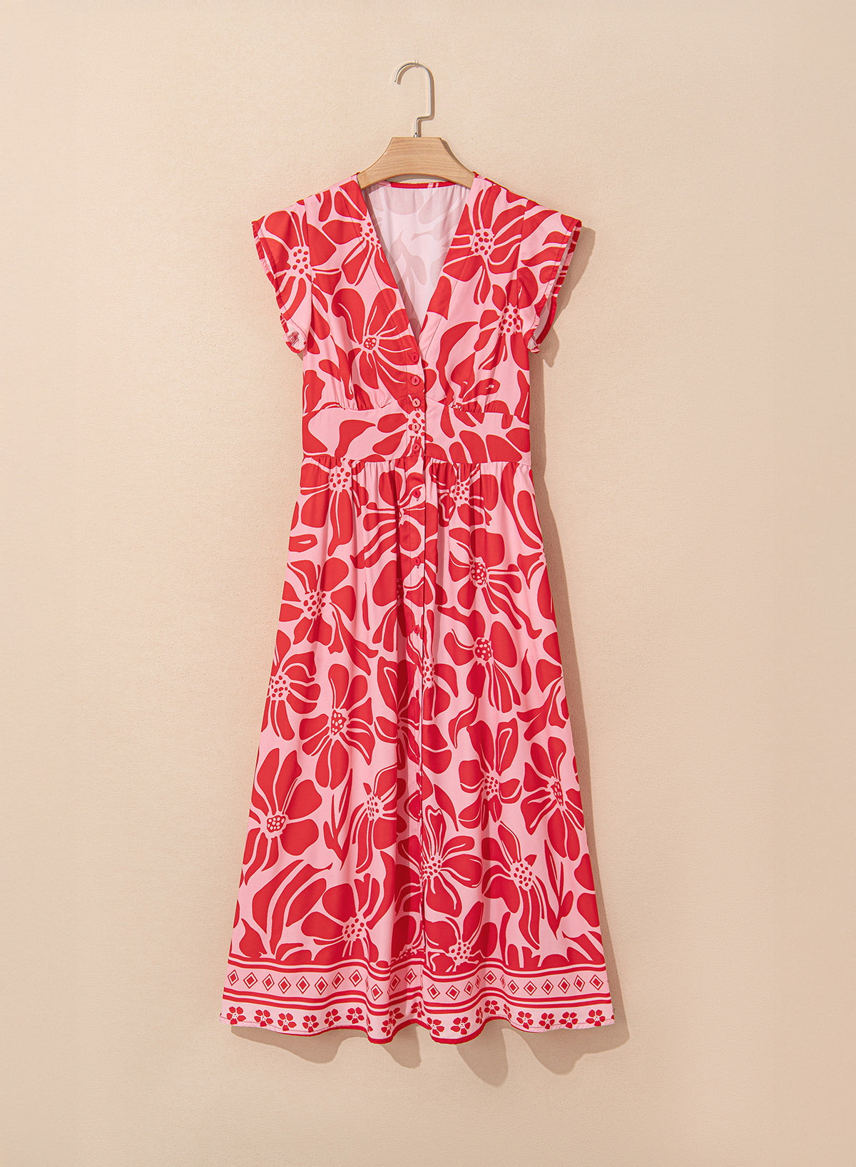 Red Boho Floral Short Sleeve V Neck Buttoned Shirred Waist Long Dress Floral Dresses JT's Designer Fashion