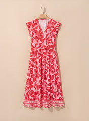 Red Boho Floral Short Sleeve V Neck Buttoned Shirred Waist Long Dress Floral Dresses JT's Designer Fashion