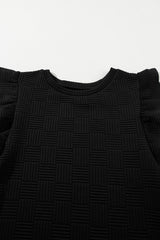 Black Textured Ruffled Sleeve Tee and Drawstring Elastic Waistband Shorts Set Short Sets JT's Designer Fashion