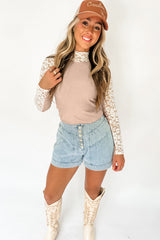 Smoke Gray Floral Lace Patchwork Long Sleeve High Neck Slim Top Long Sleeve Tops JT's Designer Fashion