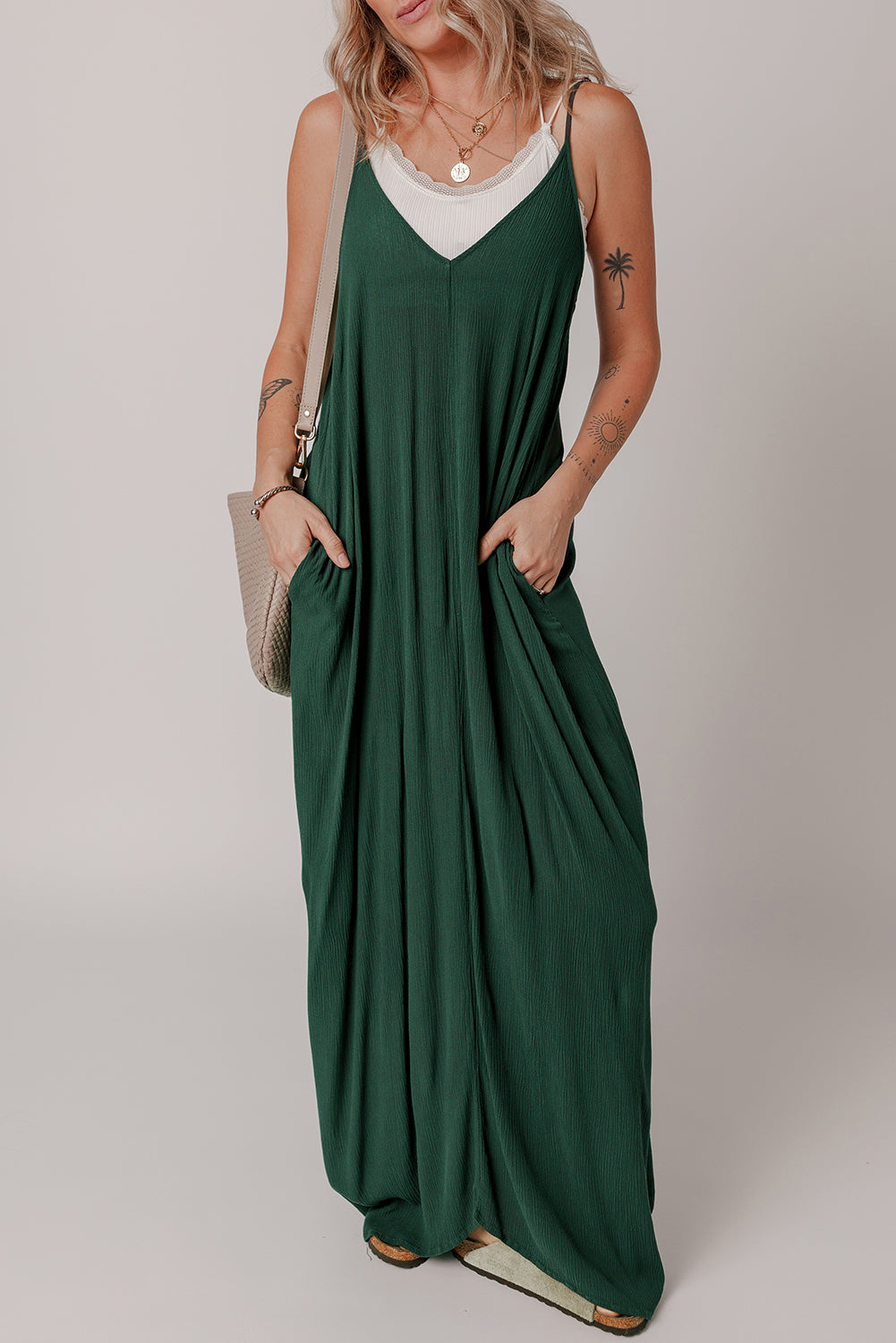 Duffel Green Spaghetti Straps Pocketed Slouchy Long Dress Duffel Green 100%Viscose Maxi Dresses JT's Designer Fashion