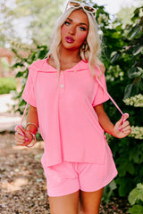 Peach Blossom Hooded Short Sleeve Henley Top and Shorts Set Short Sets JT's Designer Fashion