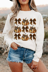 Beige Pumpkin Leopard Bow Knot Print Pullover Sweatshirt Beige 50%Polyester+50%Cotton Graphic Sweatshirts JT's Designer Fashion