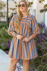 Khaki Stripe Contrast Striped Print 3/4 Sleeve Babydoll Plus Size Dress Plus Size Mini Dresses JT's Designer Fashion