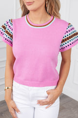 Bright Pink Colorblock Printed Crewneck Short Sleeve Sweater Sweaters & Cardigans JT's Designer Fashion