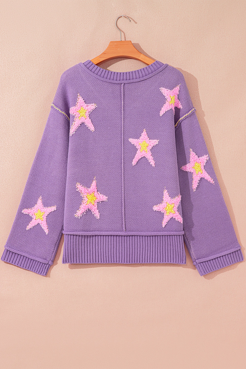 Lavendula Brushed Star Graphic V Neck Drop Shoulder Oversize Sweater Sweaters JT's Designer Fashion