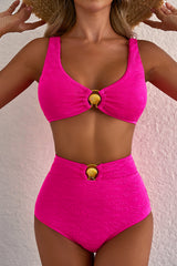 Rose Red Gold Shell Decor Wire-free Knotted 2pcs Bikini Swimsuit High Waisted Swimsuit JT's Designer Fashion
