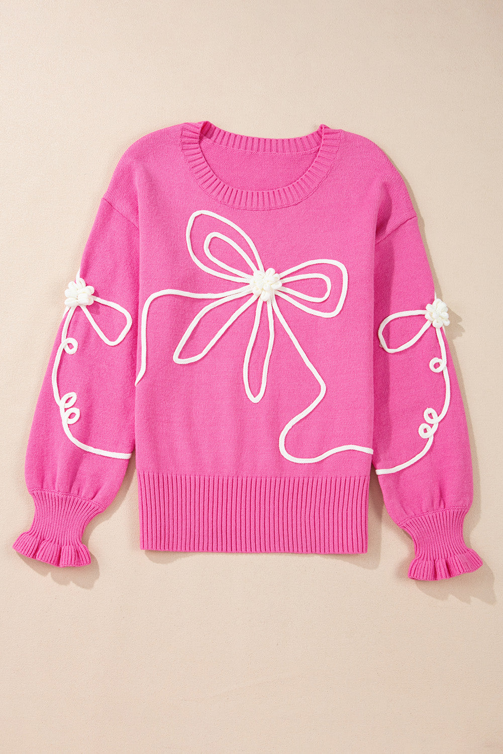 Bright Pink Corded Flower Bow Ribbed Trim Casual Sweater Sweaters JT's Designer Fashion