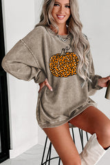 Khaki Halloween Leopard Pumpkin Graphic Corded Sweatshirt Graphic Sweatshirts JT's Designer Fashion