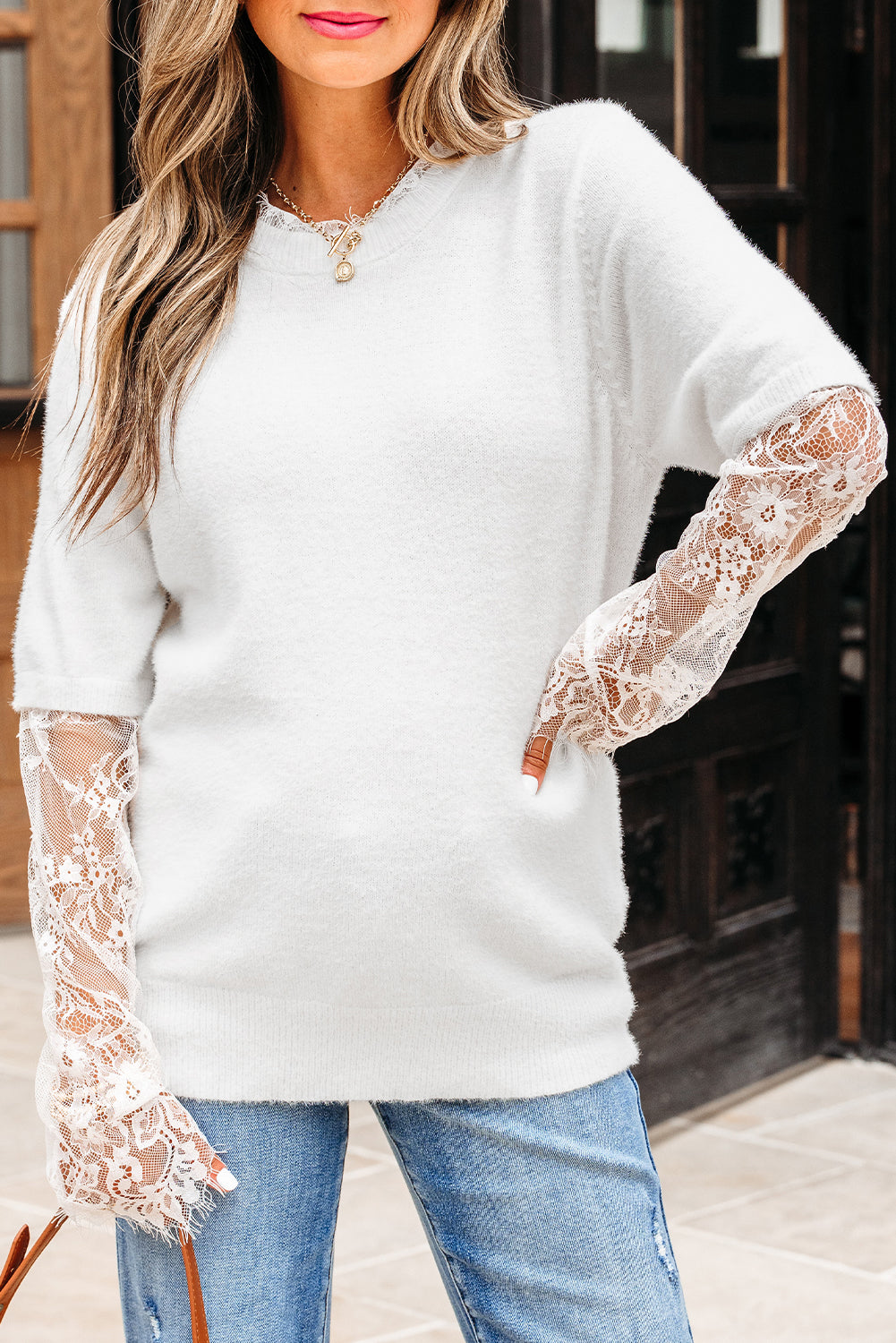 Beige Lace Sleeve Patchwork Faux Two-piece Fuzzy Sweater Sweaters JT's Designer Fashion