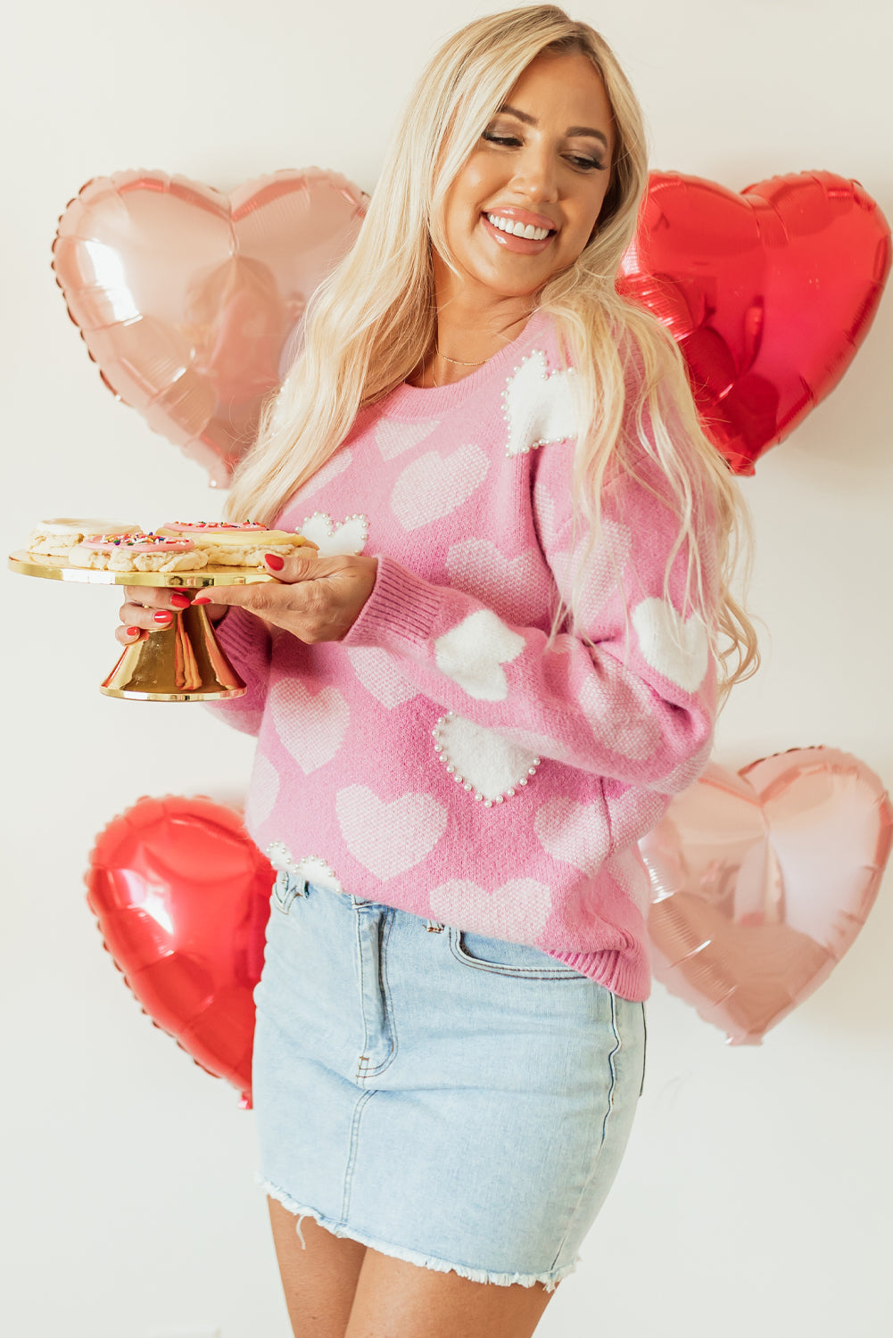 Pink Pearled Heart Print Valentines Crew Neck Sweater Sweaters JT's Designer Fashion