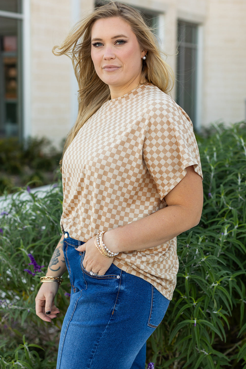 Khaki Checkerboard Short Batwing Sleeve Round Neck Plus Size T Shirt Plus Size Tops & Tees JT's Designer Fashion