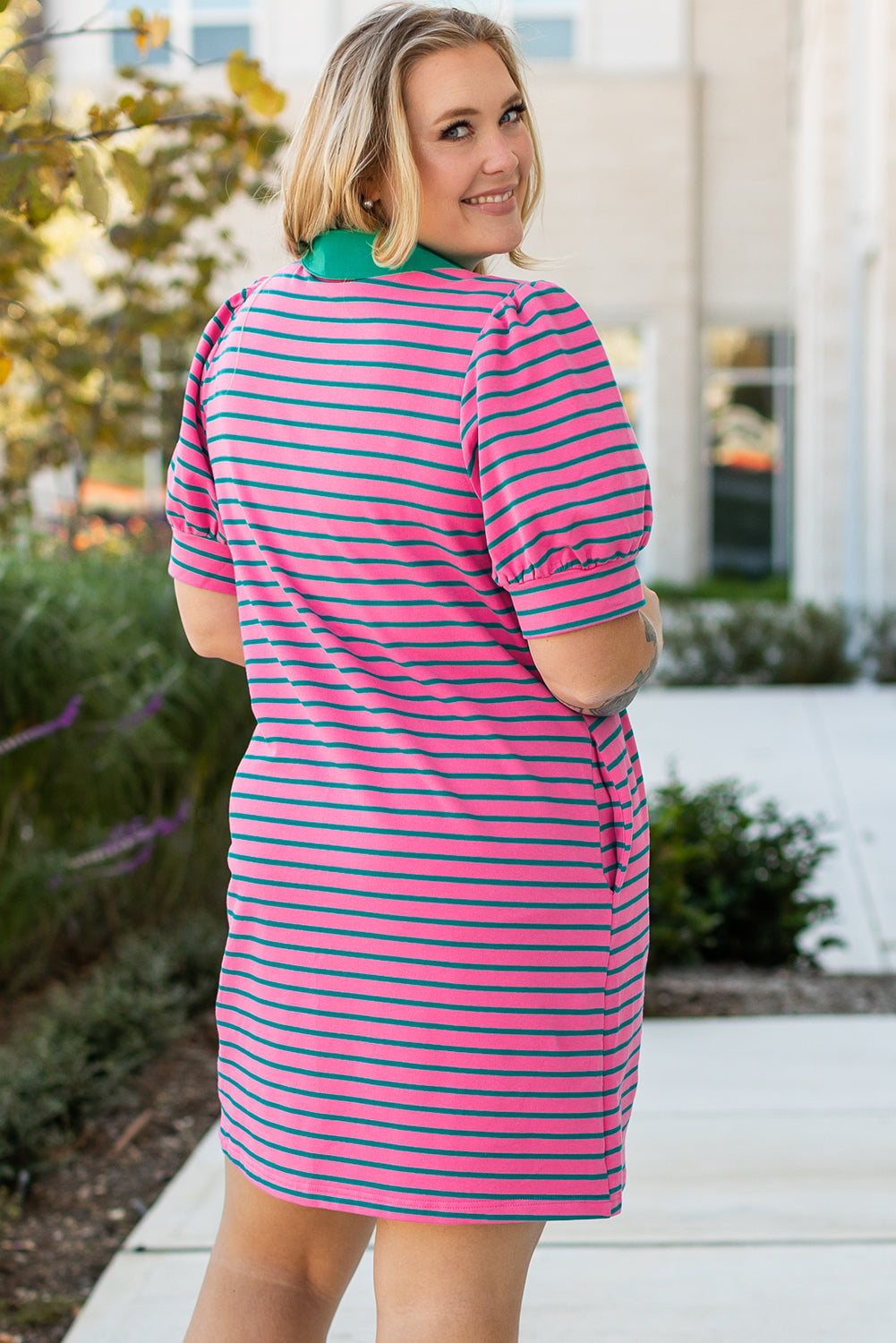 Rose Stripe Collared V Neck Puff Sleeve Shift T Shirt Dress with Pockets Plus Size Mini Dresses JT's Designer Fashion