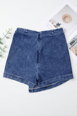 Sail Blue Acid Wash Asymmetric Twisted Wrapped Zipped Denim Skort Denim Shorts JT's Designer Fashion