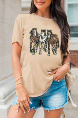 Khaki Sequin Horses Patched Casual Crewneck T Shirt Graphic Tees JT's Designer Fashion