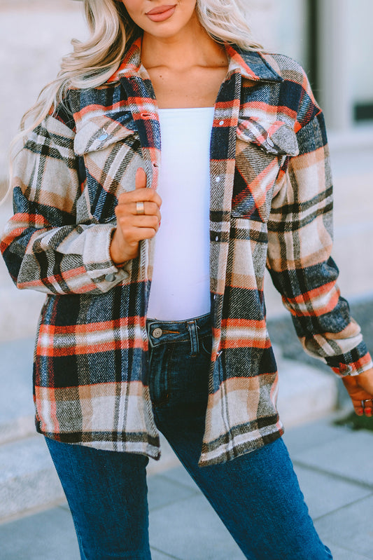 Khaki Geometric Plaid Print Pocketed Shacket Khaki 100%Polyester Plaid Shackets JT's Designer Fashion