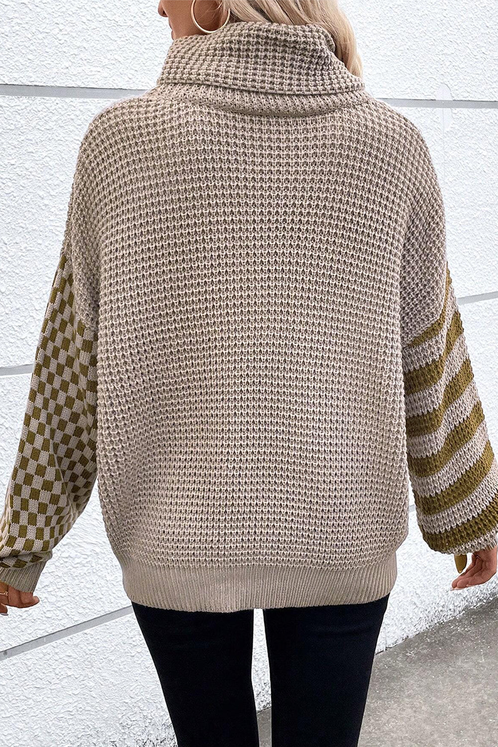 Smoke Gray Striped Plaid Patchwork Waffle Knit Turtleneck Sweater Sweaters JT's Designer Fashion