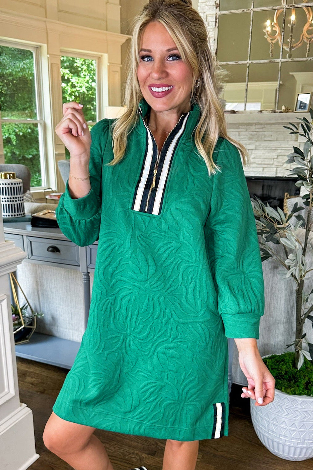 Sea Green Jacquard Textured Quarter Zipper Shift Mini Dress Mini Dresses JT's Designer Fashion
