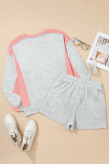 Light Grey Color Block Raw Hem Pullover and Casual Shorts Set Short Sets JT's Designer Fashion