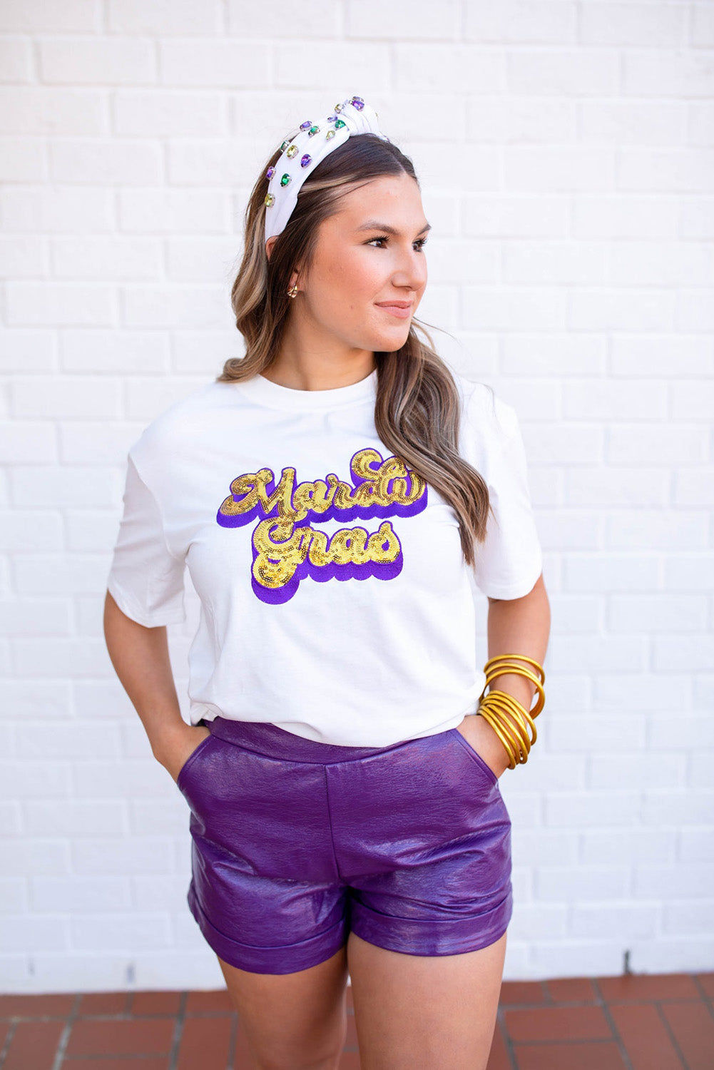 White Mardi Gras Sequin Graphic T-shirt Graphic Tees JT's Designer Fashion