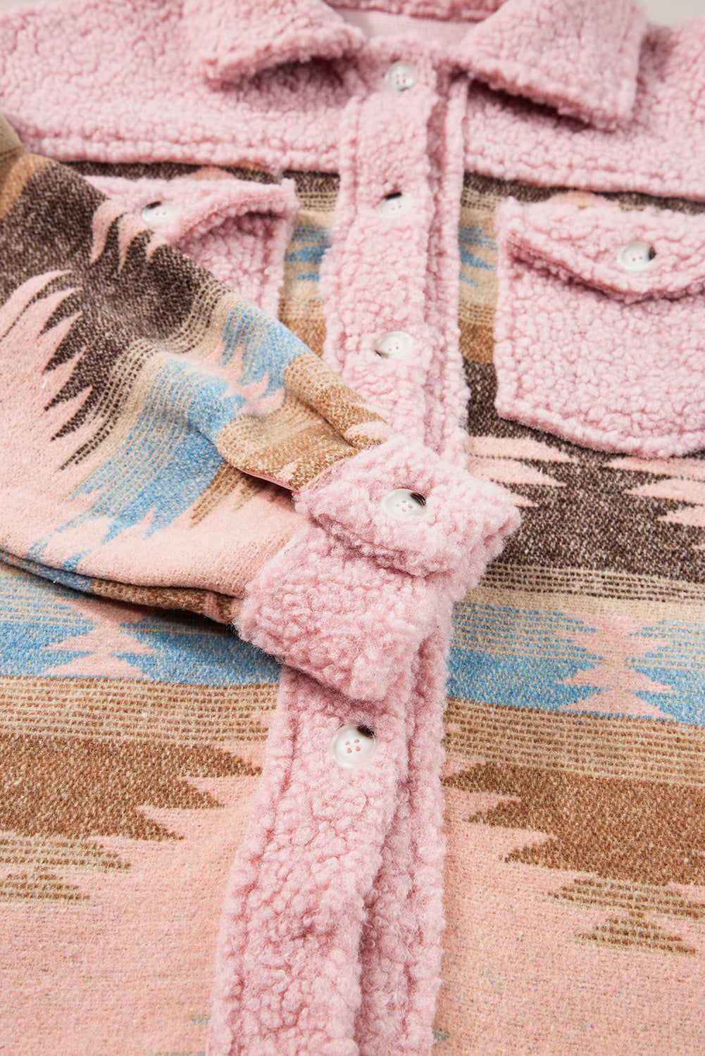 Pink Western Aztec Print Sherpa Splicing Buttoned Flap Pocket Coat Jackets JT's Designer Fashion
