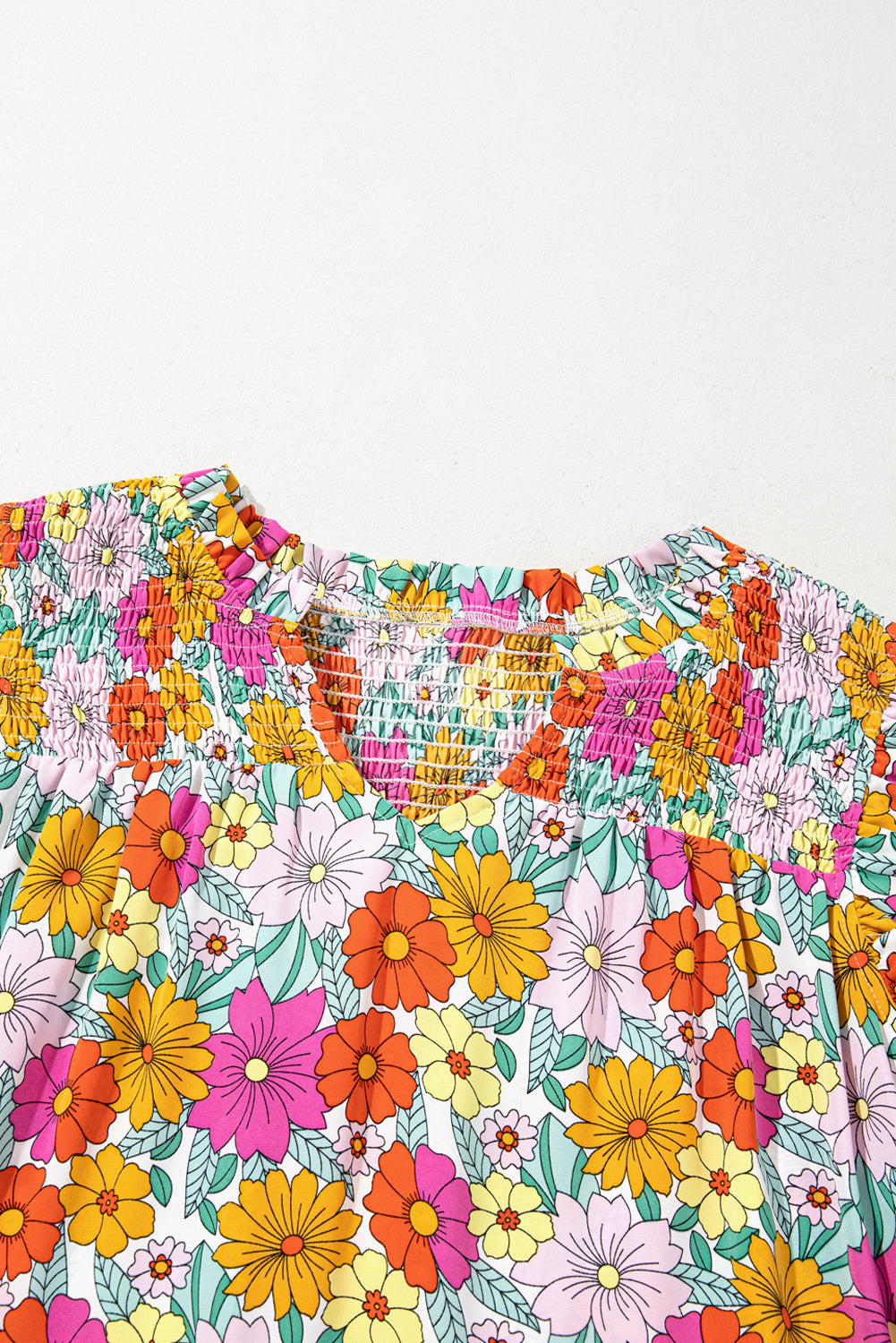 Sky Blue Floral Print Smocked Notch V Neck Flutter Sleeve Mini Dress Floral Dresses JT's Designer Fashion