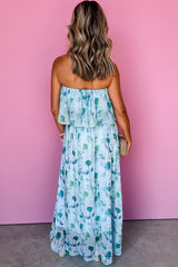 Green Floral Print Ruffled Side Slit Tube Top Maxi Dress Floral Dresses JT's Designer Fashion