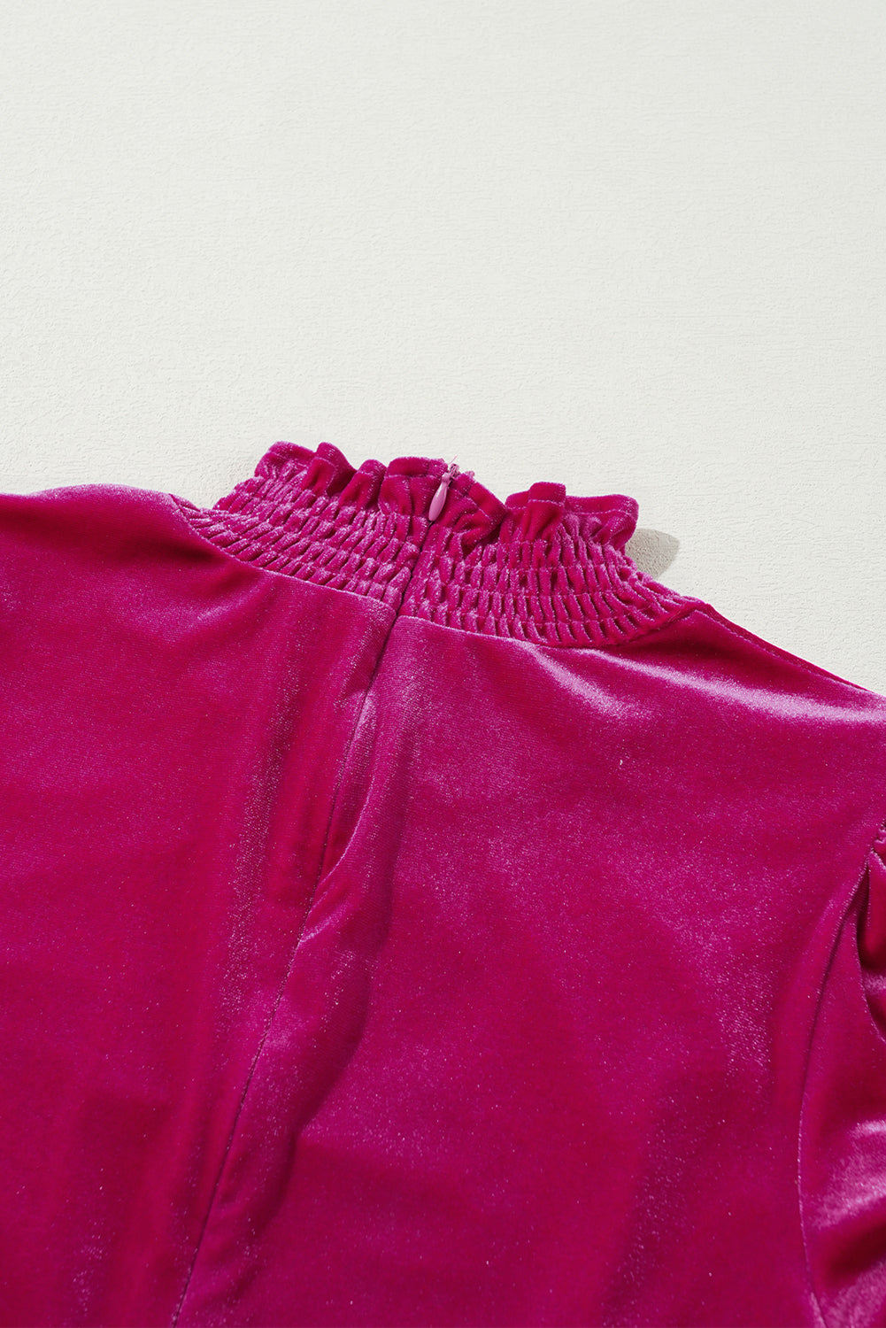 Rose Red Smocked Mock Neck Ruffled Puff Sleeve Velvet Mini Dress Mini Dresses JT's Designer Fashion