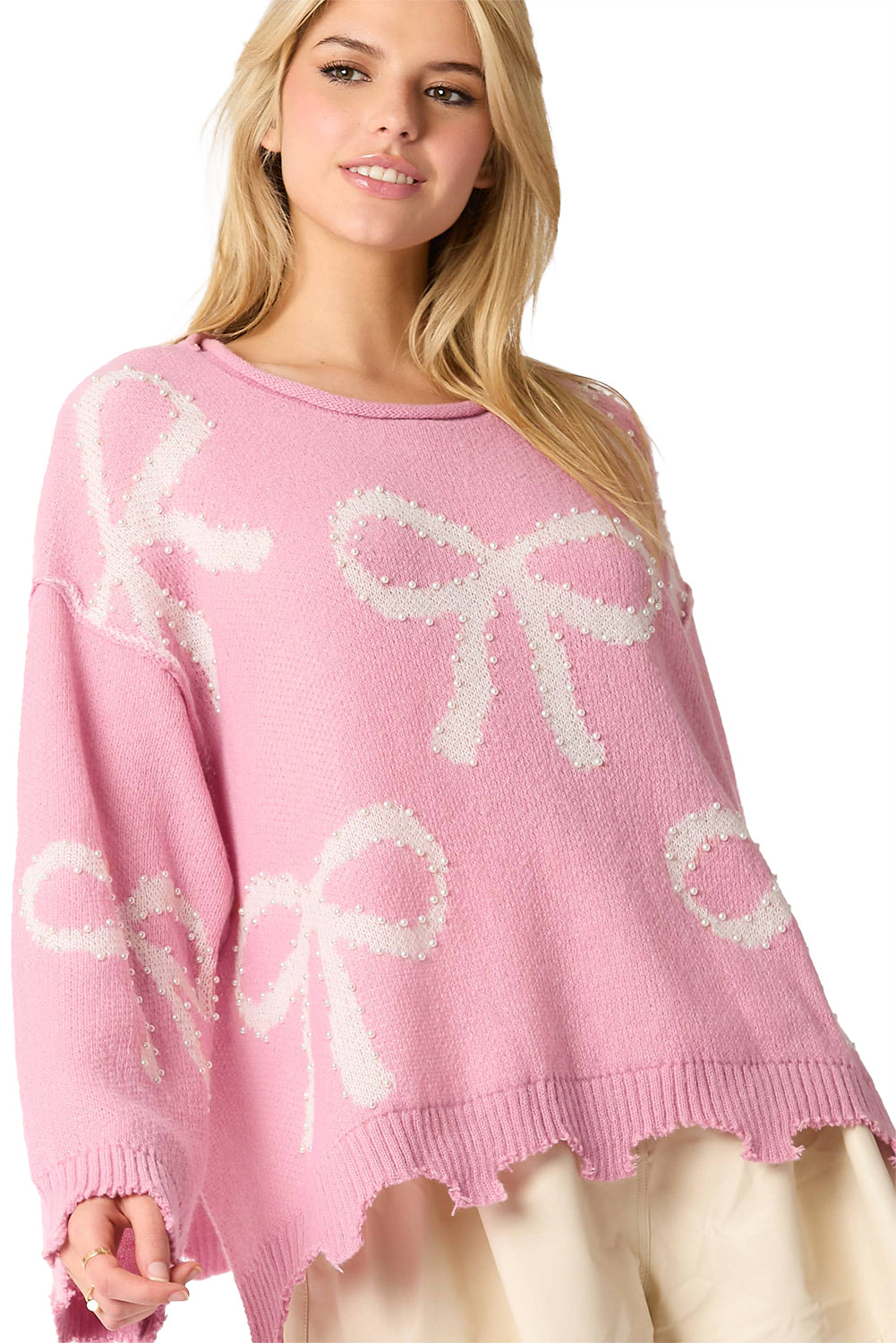 Pink Pearl Beaded Bowknot Pattern Distressed Split Hem Sweater Sweaters JT's Designer Fashion