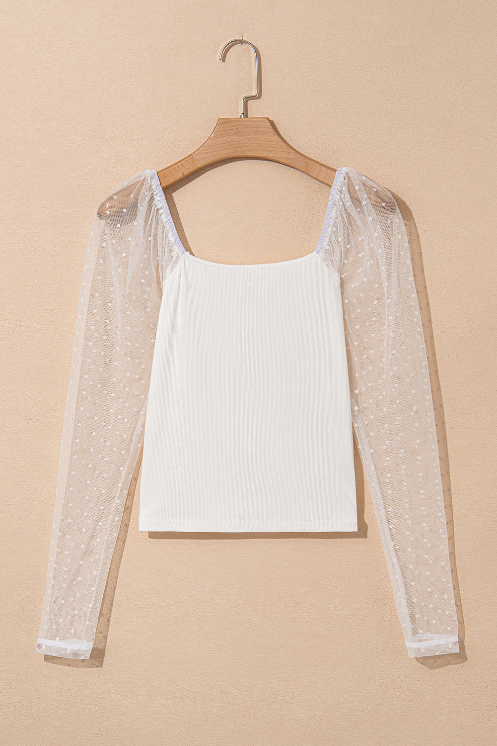 White Swiss Dot Mesh Long Sleeve Square Neck Slim Top Long Sleeve Tops JT's Designer Fashion