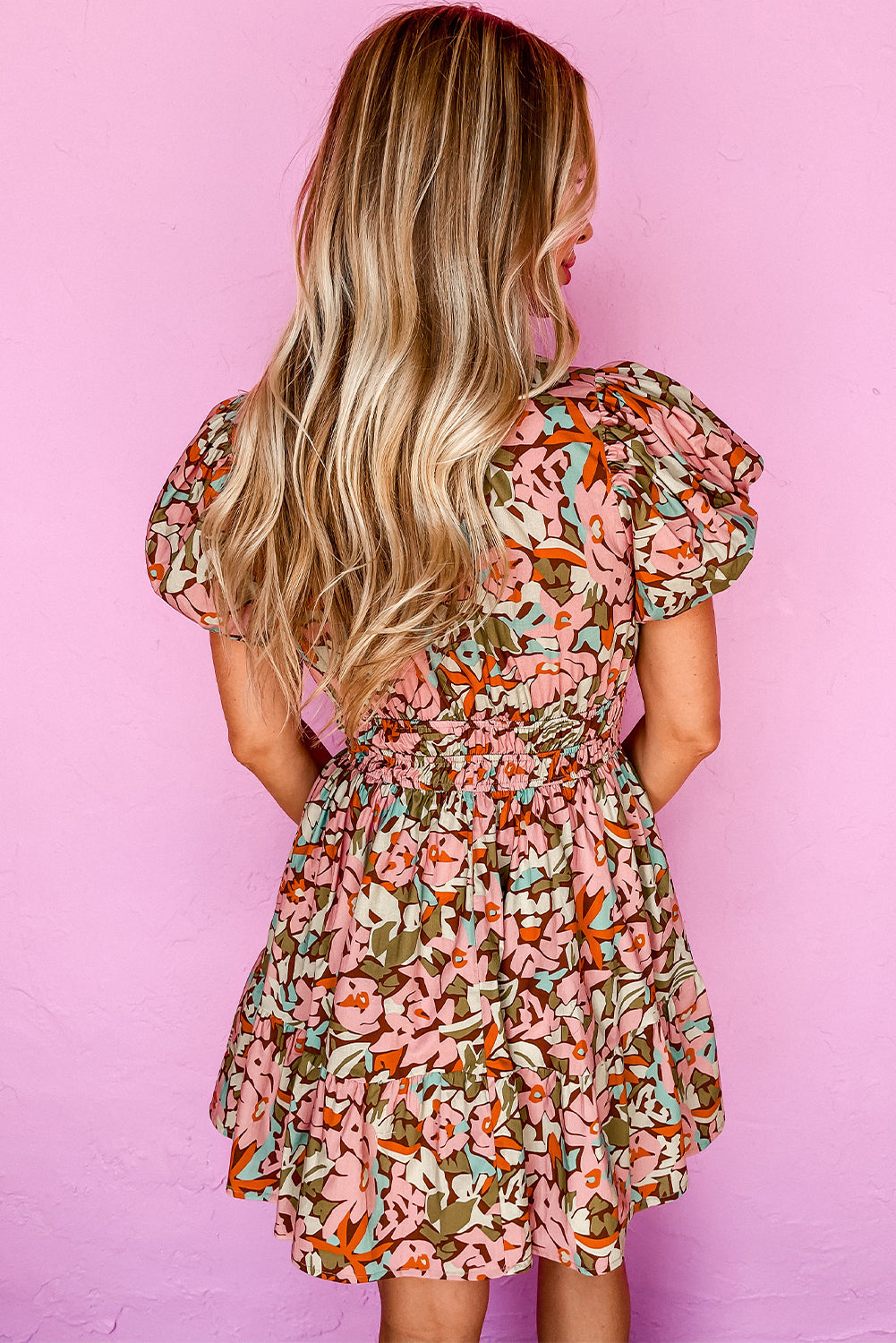 Pink Floral Print Puff Sleeve Shirred High Waist Mini Dress Floral Dresses JT's Designer Fashion