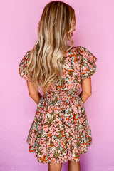 Pink Floral Print Puff Sleeve Shirred High Waist Mini Dress Floral Dresses JT's Designer Fashion