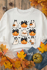 Beige Halloween Ghost Pumpkin Print Crew Neck Sweatshirt Graphic Sweatshirts JT's Designer Fashion