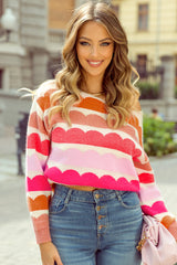 Rose Red Wave Striped Balloon Sleeve Drop Shoulder Sweater Sweaters JT's Designer Fashion