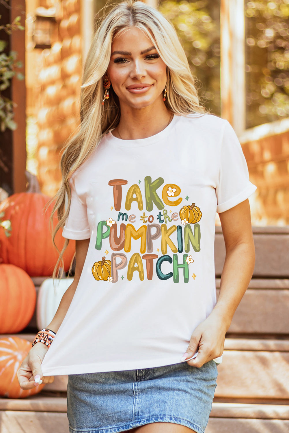 White Take Me To The Pumpkin Patch Cotton Blend T Shirt Graphic Tees JT's Designer Fashion