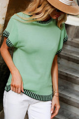 Mint Green Contrast Trim Round Neck Batwing Sleeve Knitted Top Sweaters & Cardigans JT's Designer Fashion